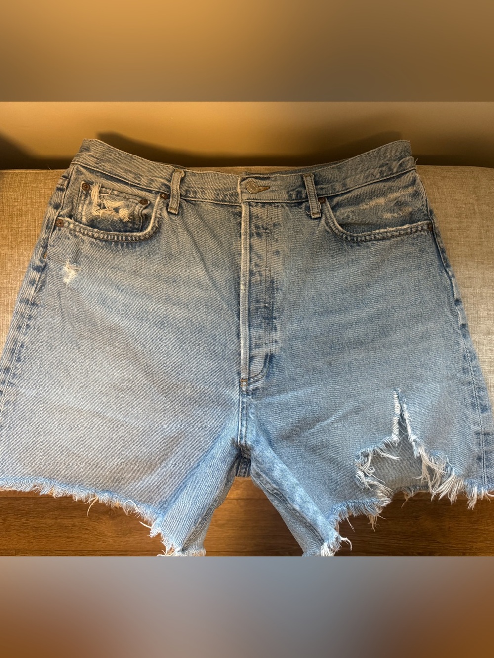 Agolde Light Blue Distressed Denim Short